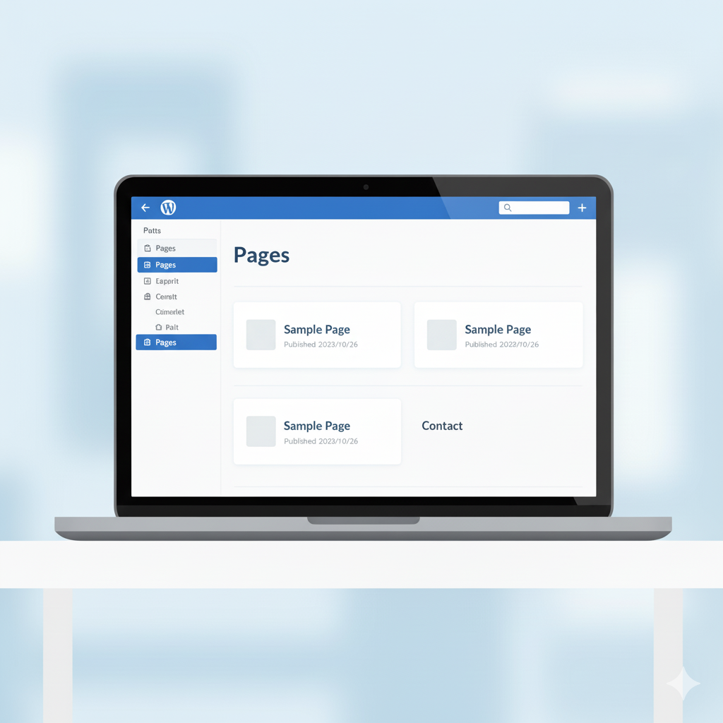 An illustration of a WordPress dashboard on a laptop, displaying the 'Pages' section with a highlighted 'Duplicate Page' option and two identical pages, in WordPress brand colors.